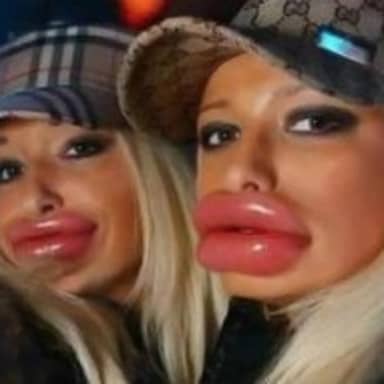 Duck Face Chicks meme template: Two women with extremely exaggerated, overfilled lips, often referred to as 'duck face'. They wear baseball caps.