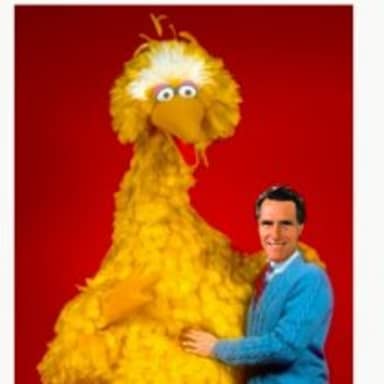 Big Bird And Mitt Romney meme template: Big Bird is standing next to Mitt Romney.