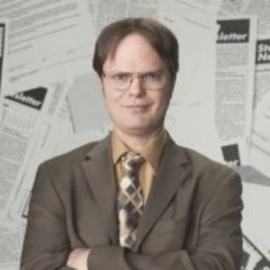 Dwight Schrute 2 meme template: Dwight Schrute from The Office, wearing a brown suit and glasses, with a serious expression and arms crossed, in front of a collage of newspapers.
