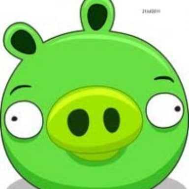 Angry Birds Pig meme template: A round, green pig with wide, crazed eyes and a slightly crooked smile, like it's just realized something absurd or is about to do something reckless.