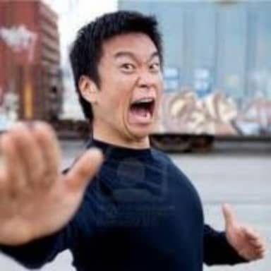 Angry Asian meme template: A man with an exaggerated angry, yelling expression, pushing his hands forward as if warding something off.