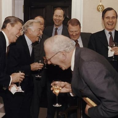 And Then I Said meme template: A group of politicians laughing heartily in a room, holding drinks.