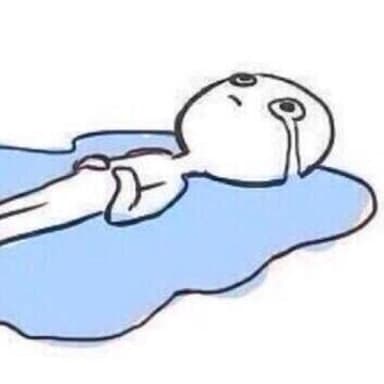 Crying On Floor meme template: A cartoon character lying on its back, crying profusely and submerged in a large puddle of tears.