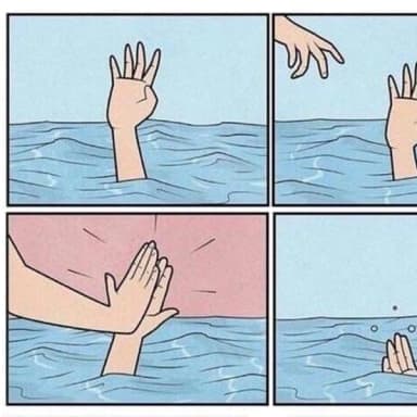Drowning High Five meme template: Four vertical panels showing a hand reaching out of water, then a second hand reaching down, then a high-five between the hands, then only bubbles and the hand submerged.