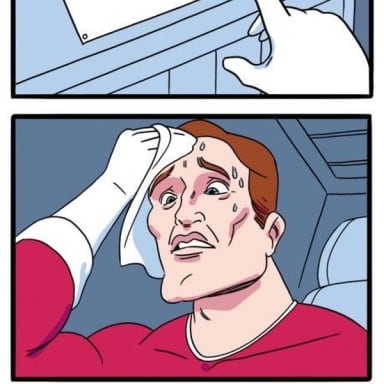 Daily Struggle meme template: Two panels. Top panel: A hand hesitates between pressing one of two identical red buttons. Bottom panel: A man sweats profusely, wiping his brow with a cloth.