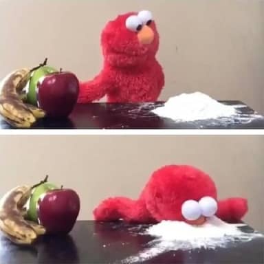Elmo Choosing Cocaine meme template: Two panels. Top: Elmo stands near a pile of white powder, looking hesitant. Bottom: Elmo has fallen face-first into the powder.