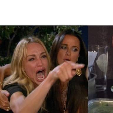 Woman Yelling At A Cat meme template: A split scene pairs an emotional argument with a white cat sitting at a dinner table, creating a sharp contrast between the two reactions.