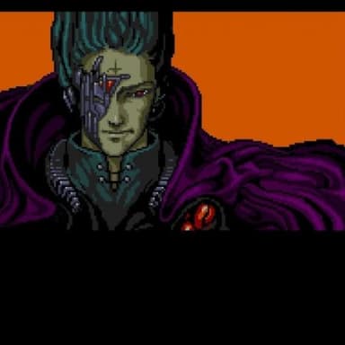 All Your Base Are Belong To Us meme template: A retro video game character with a mechanical eye and a flowing purple cloak against an orange sky.