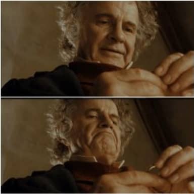Bilbo Why Shouldn’t I Keep It? meme template: Two vertical panels. The top panel shows an older man looking at a small object in his hands with a questioning expression. The bottom panel shows the same man looking at the object with a sad, regretful expression, his face contorted in distress.