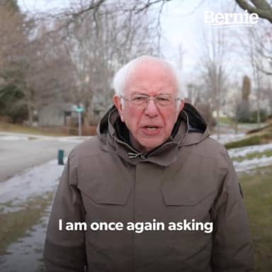 Bernie I Am Once Again Asking For Your Support meme template: Bernie Sanders in a puffy coat, looking at the camera with a serious expression. Text at the bottom reads "I am once again asking".
