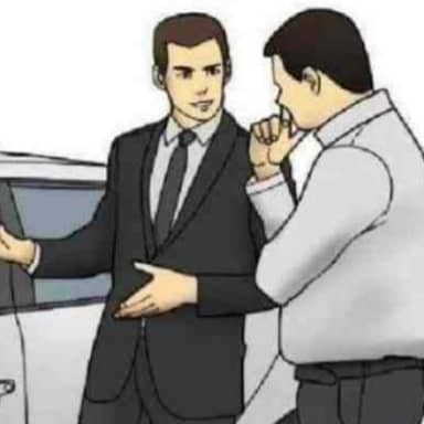Car Salesman Slaps Roof Of Car meme template: A car salesman in a suit confidently presents a car to a customer who is contemplating the purchase.