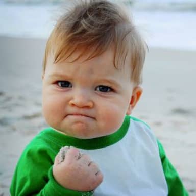 Success Kid Original meme template: A small child makes a determined fist with a satisfied expression, turning a modest win into a compact celebration.