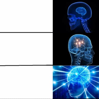 Galaxy Brain (3 Brains) meme template: Three increasingly illuminated brains create a compact escalation from an ordinary idea to a more elaborate or absurdly confident conclusion.