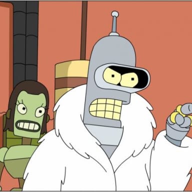 Bender meme template: Bender from Futurama, wearing a white fur coat, points directly at the viewer with a smug expression. A female robot with a manic grin is behind him.