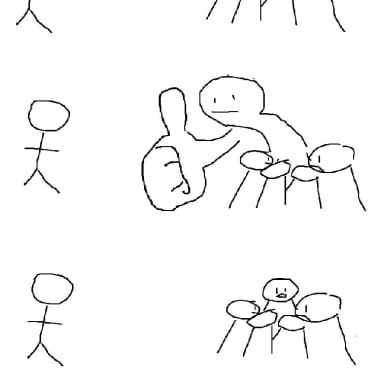 Big Thumb Guy meme template: A stick figure on the left observes a group of stick figures on the right. In the middle panel, a giant thumb of the observer gives a thumbs-up to the group. In the bottom panel, the group appears distressed while the observer is absent.