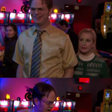 Angela Scared Dwight meme template: Two vertical panels. Top panel: Dwight looks gleeful, standing next to Angela who looks unimpressed. Bottom panel: Dwight reacts with shock and disgust, scratching his arm, while Angela looks on with a subtle smirk.