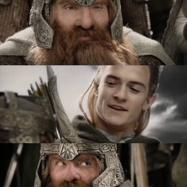 Aye, I Could Do That Blank meme template: Three horizontal panels: Top panel shows a stern-faced dwarf. Middle panel shows an elf looking back with a slight smirk. Bottom panel shows the dwarf again, looking concerned.