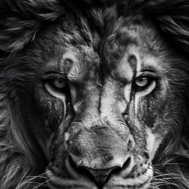 A Lion Doesn’t Concern Himseld meme template: Close-up, black and white portrait of a powerful lion, looking directly at the viewer with an intense gaze.
