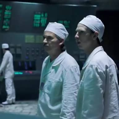 Chernobyl Meme Postfity meme template: Three men in lab coats and hats stand in a control room with glowing green screens behind them. One man in the foreground on the left is looking down, while the other two are looking off to the right with concerned expressions.