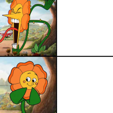 Angry Flower meme template: Top panel: a screaming, aggressive flower character holding a martini glass. Bottom panel: a shy, blushing flower character.
