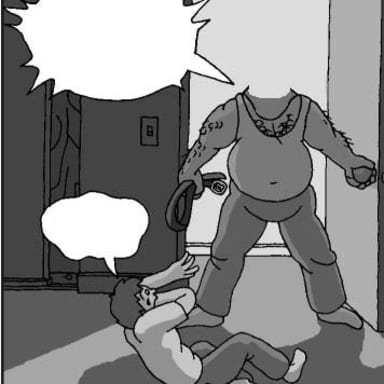 Dad Belt Template meme template: A father figure with a belt and a key, towering over a cowering child. Speech bubbles are empty.
