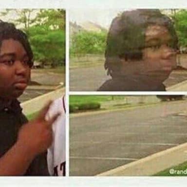 Black Guy Disappearing meme template: A split image. On the left, a Black man stands looking off to the side. On the right, there are two smaller images. The top right shows the man's head and shoulders from the shoulders up, seeming to fade out of view. The bottom right shows an empty parking lot.