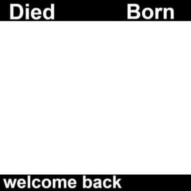 Born Died Welcome Back meme template: The words "Died" and "Born" appear side-by-side in the top bar. The bottom bar displays "welcome back". The central area is blank.