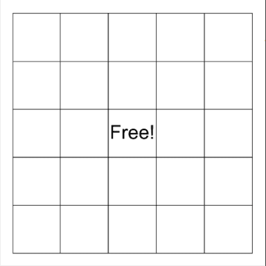Blank Bingo meme template: A 5x5 grid with a 'Free!' space in the center square.