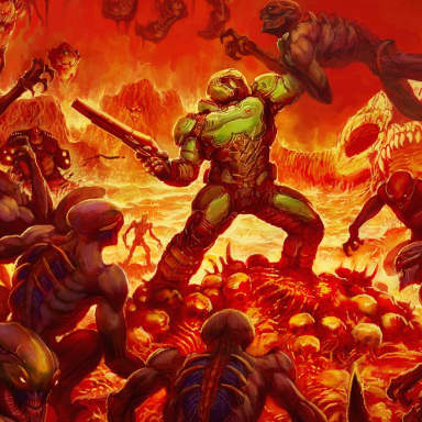 Doomguy meme template: Doomguy, clad in green armor, stands surrounded by a horde of demons in a hellish landscape. The first two slots show him facing forward, the third and fourth show him surrounded and fighting.
