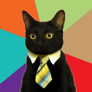Business Cat meme template: A black cat wearing a white shirt and a yellow and blue striped tie, set against a colorful geometric background.