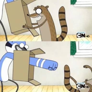 Mordecai Punches Rigby Through A Box meme template