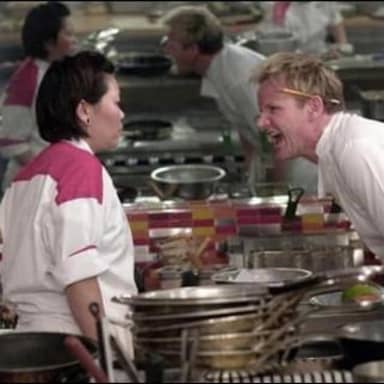 Angry Chef Gordon Ramsay meme template: Gordon Ramsay yelling at a contestant in a kitchen