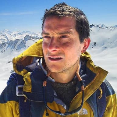 Bear Grylls meme template: Close-up of Bear Grylls in a yellow jacket on a snowy mountain, looking concerned.