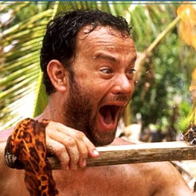 Castaway Fire meme template: A man on a tropical island, holding a stick with a burning ember, his mouth open in shock or excitement.