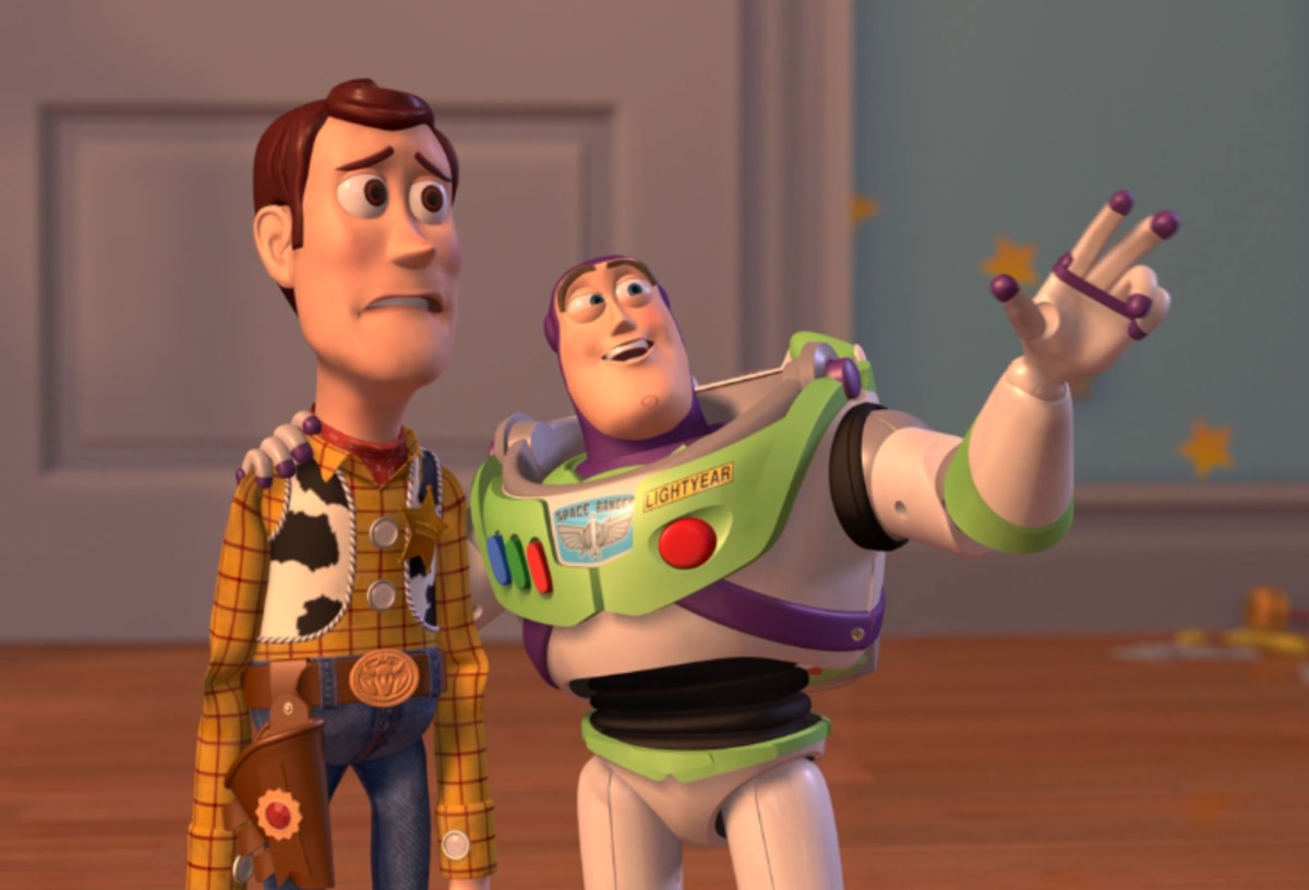 Buzz And Woody meme template: Woody looks concerned as Buzz excitedly explains something with his hand raised.