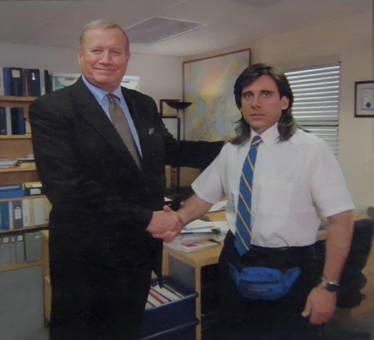 He Dont Know Yet meme template: A sharply dressed older businessman shakes hands with a younger man in a wrinkled white shirt, a striped tie, and a fanny pack.