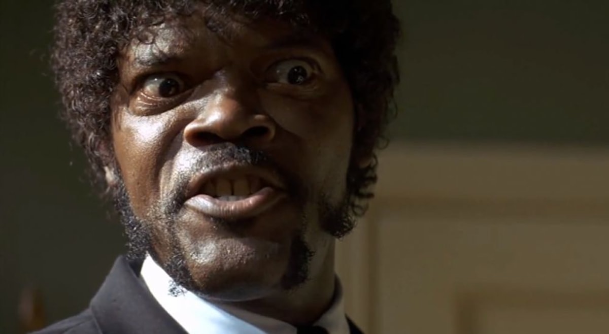 Samuel L Jackson Say One More Time meme template: Close up of Samuel L. Jackson's face with wide, intense eyes and a grimace, conveying extreme anger or frustration.
