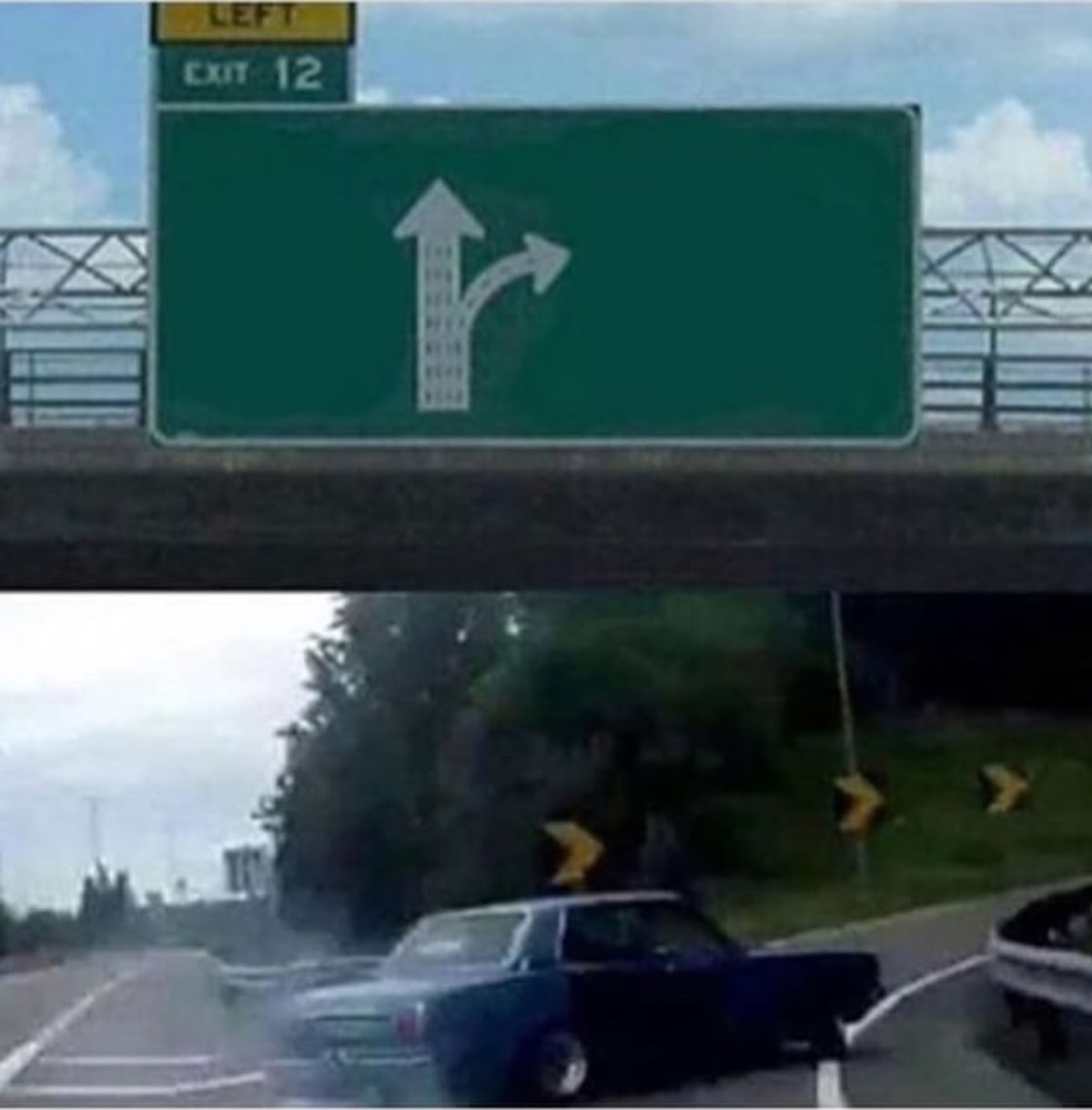 Car Turning meme template: A highway sign indicates a split in the road, with one lane going straight and another turning right. Below, a car is depicted taking the right turn in a chaotic, drifting manner.