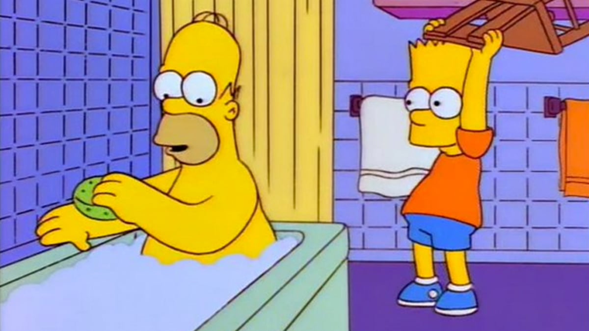 Bart Hitting Homer With A Chair meme template: Bart Simpson is about to hit Homer Simpson with a wooden chair while Homer is in a bubble bath.