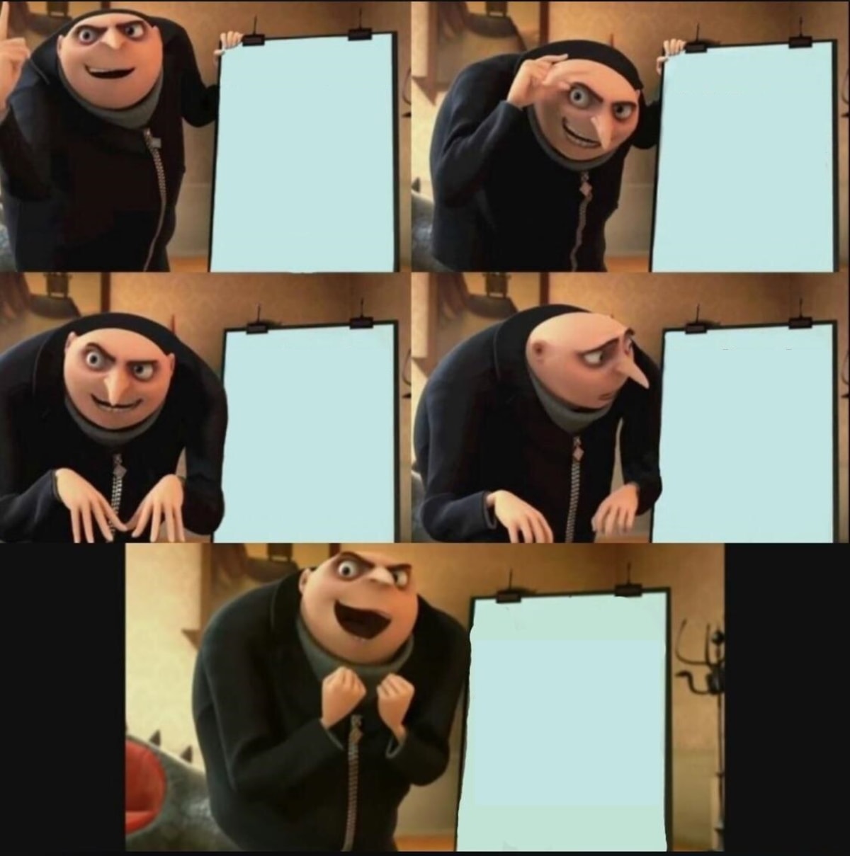 5 Panel Gru meme template: Five panels of Gru from Despicable Me reacting to something on a clipboard. The first four panels are in a 2x2 grid, with the fifth panel below them. Gru's expressions escalate from confident, to questioning, to concerned, to skeptical, and finally to thrilled.