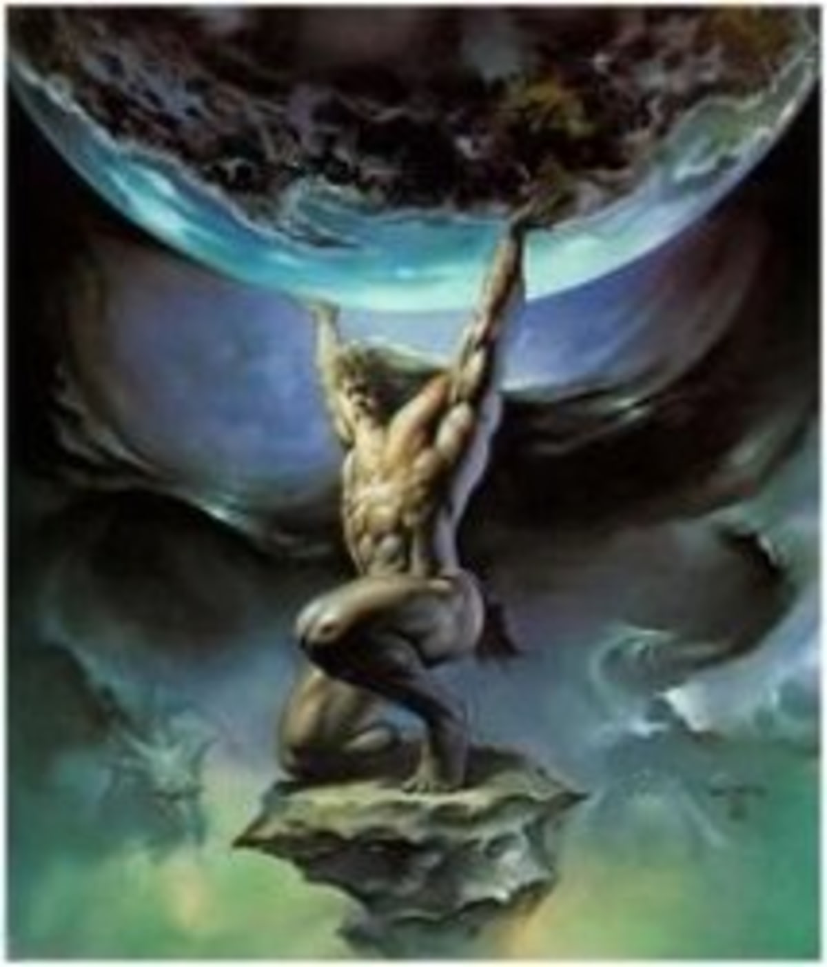 Atlas Holding Earth meme template: A muscular, mythological figure (Atlas) is depicted kneeling and straining to hold up the Earth on his shoulders, with swirling clouds and a dramatic sky behind him.