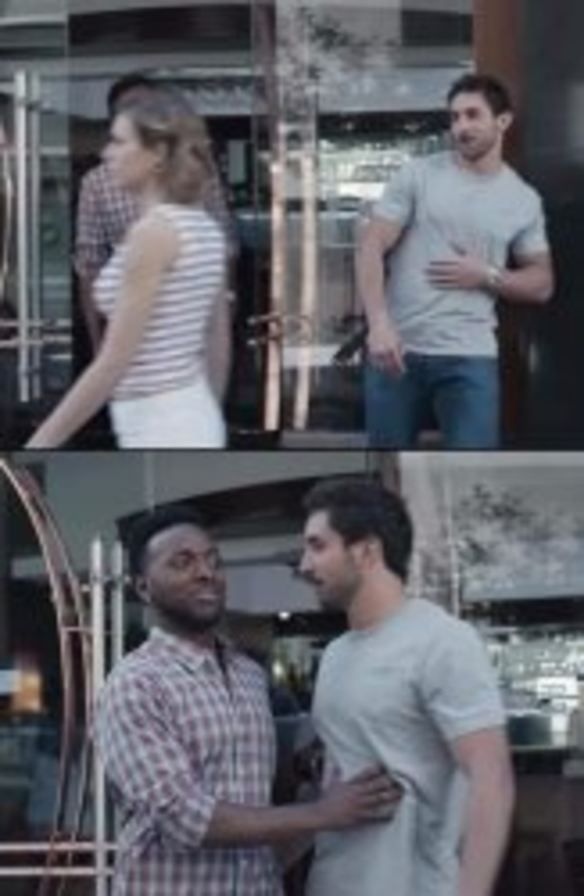 Black Guy Stopping meme template: Two panels. Top: A man is about to walk into a building, looking towards a woman walking away. Bottom: Another man stops him by touching his arm and gesturing, looking concerned.