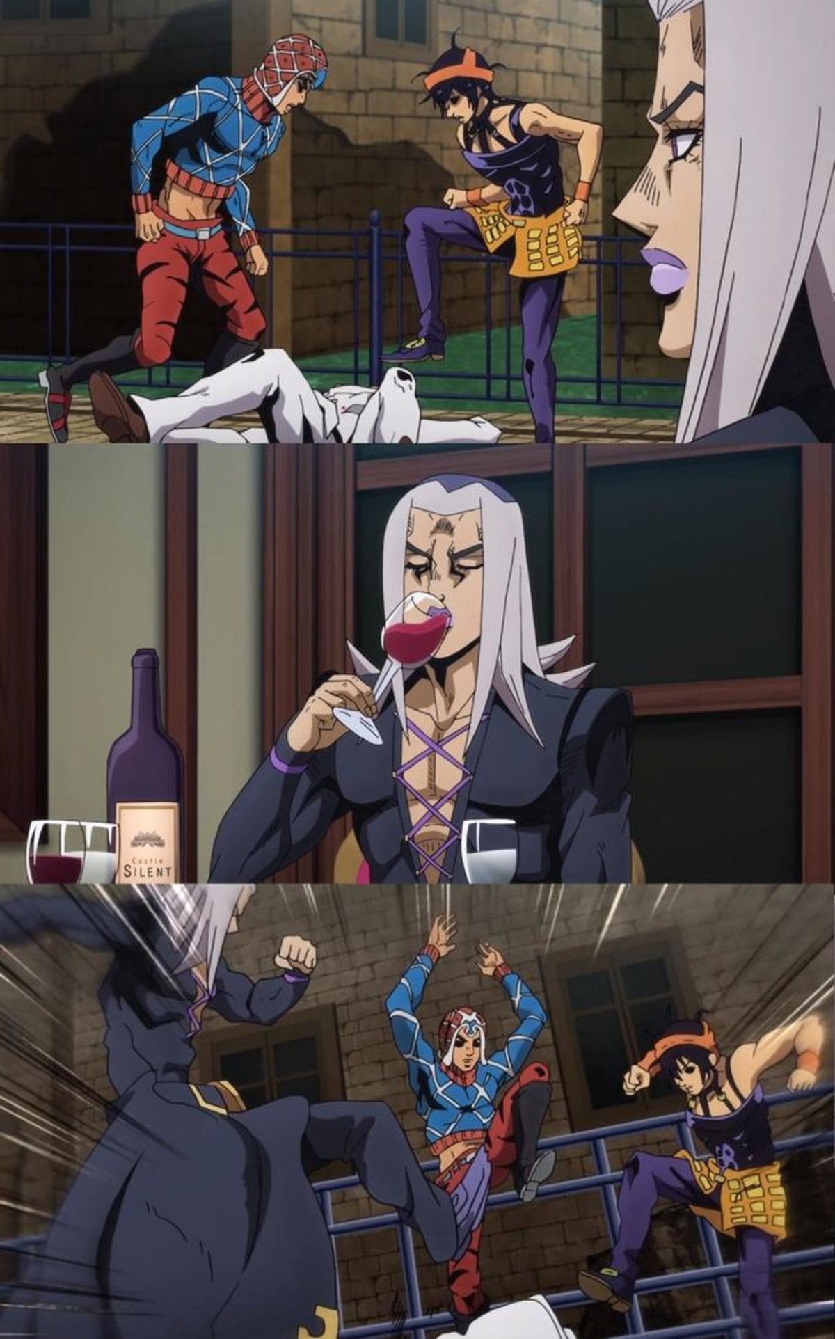 Abbacchio Joins The Kicking meme template: Three panels depicting a sequence: Panel 1 shows a character being kicked while lying down by two others. Panel 2 shows the first character calmly drinking wine. Panel 3 shows the first character violently kicking the other two characters.