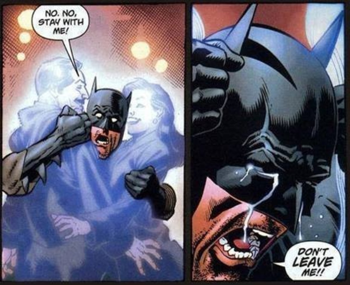 Batman Don't Leave Me meme template: Two panels. The left shows Batman hugging ghostly figures of his parents, pleading with them not to leave. The right shows a close-up of Batman crying intensely.