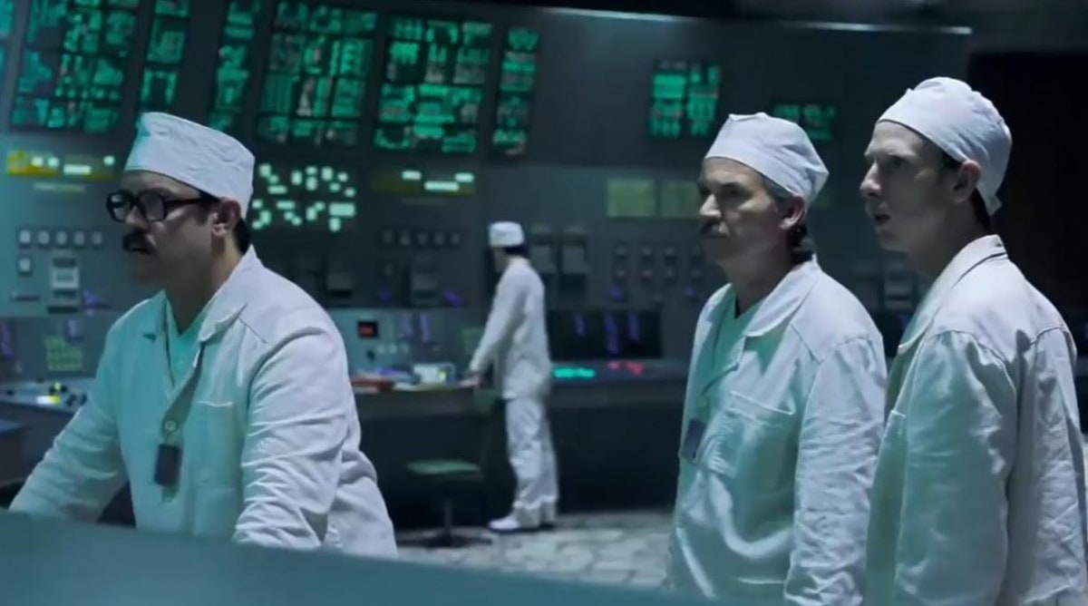 Chernobyl Meme Postfity meme template: Three men in lab coats and hats stand in a control room with glowing green screens behind them. One man in the foreground on the left is looking down, while the other two are looking off to the right with concerned expressions.