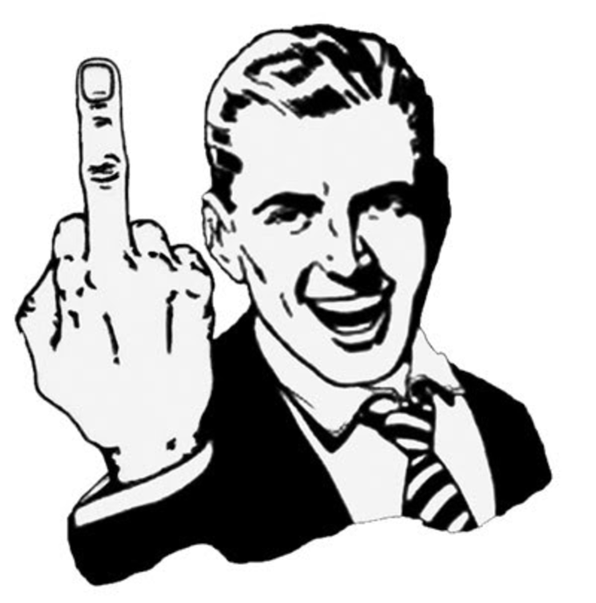 1950s Middle Finger meme template: A cartoon man in a suit and tie gives the middle finger with a wide, slightly unhinged grin.