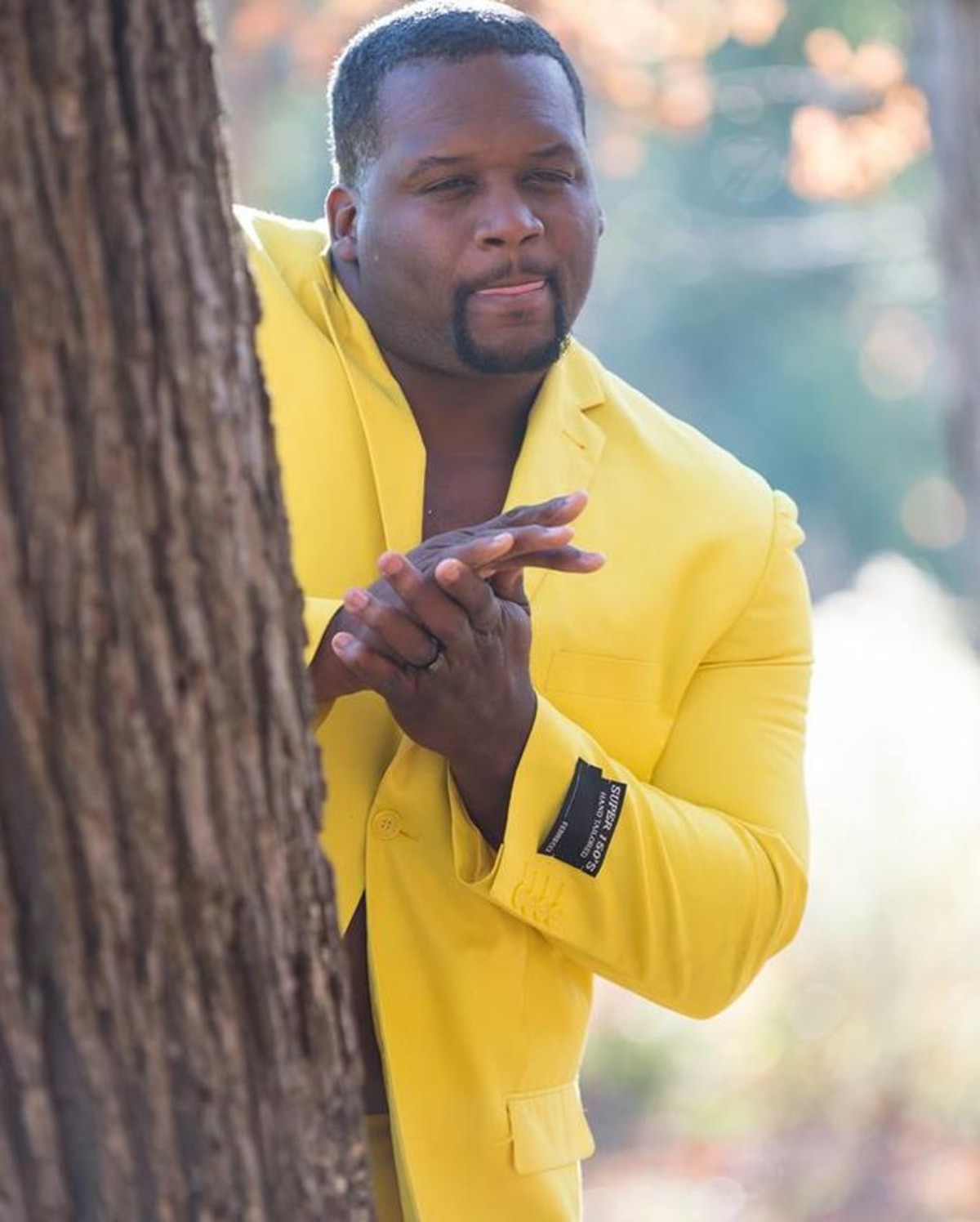 Anthony Adams Rubbing Hands meme template: A man in a bright yellow suit peeks from behind a tree, rubbing his hands together with a mischievous or scheming expression.