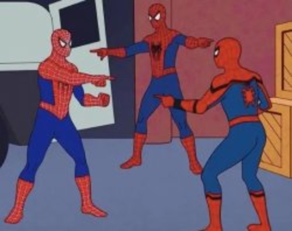 3 Spiderman Pointing meme template: Three Spider-Men in their respective costumes point at each other simultaneously.