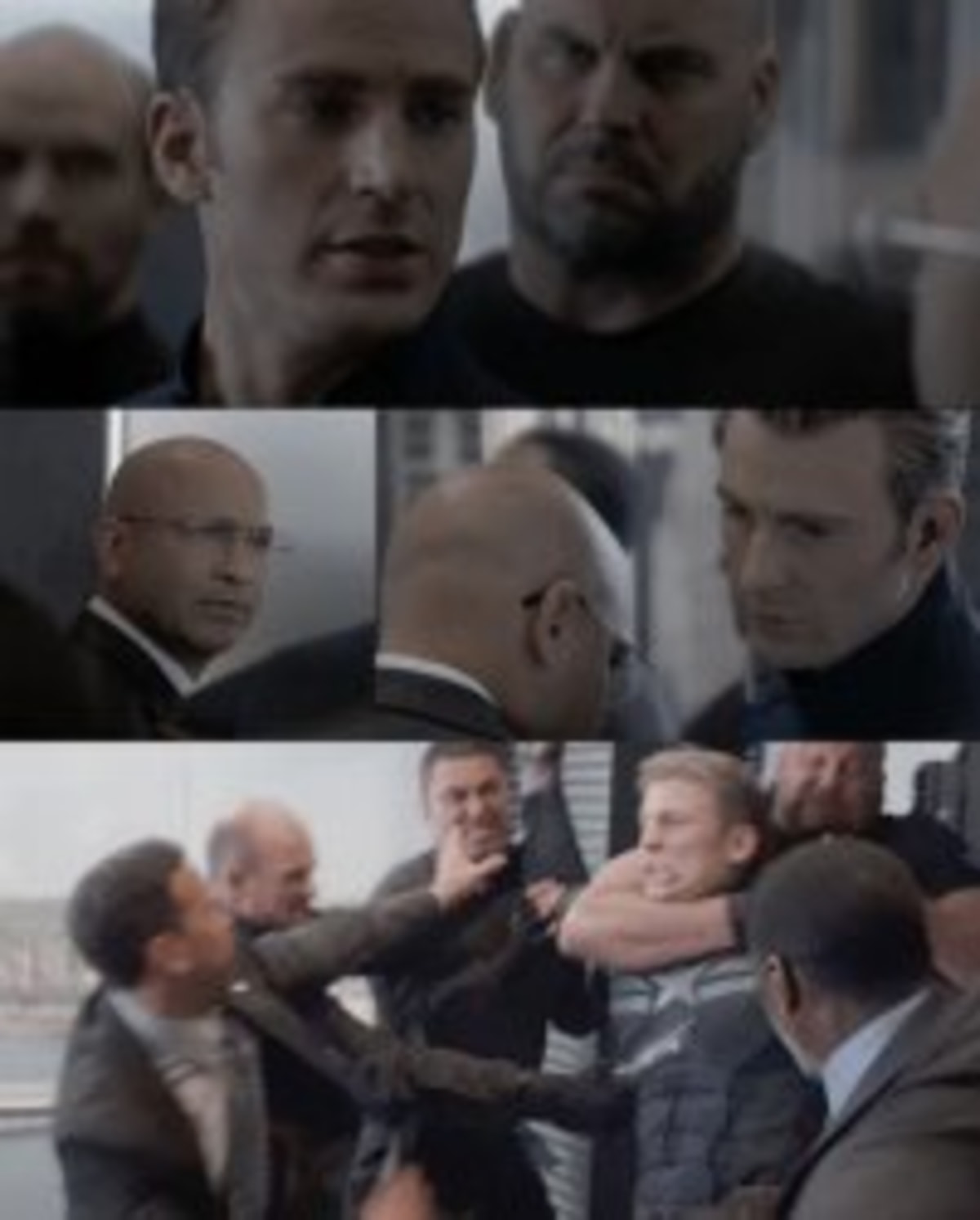 Captain America Elevator meme template: Three vertical panels showing Captain America and Winter Soldier in an elevator, culminating in a fight.