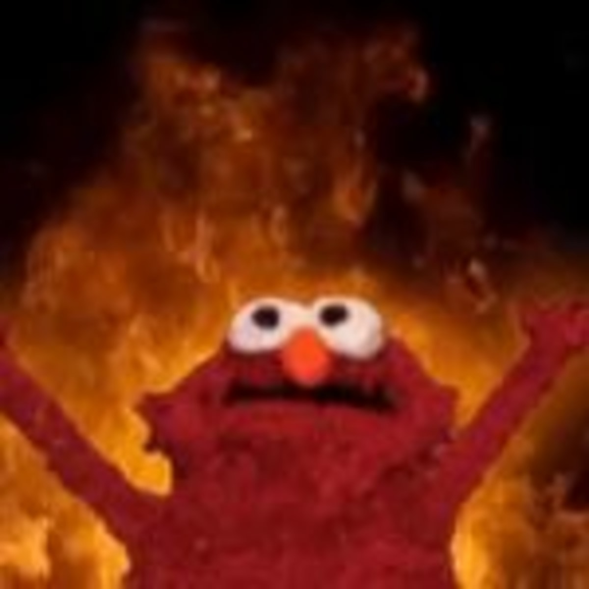 Elmo Burn meme template: Elmo with arms outstretched in front of a fiery background.